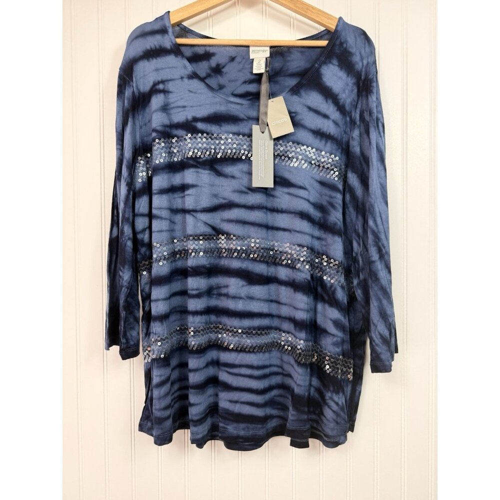 Zenergy Chico’s 2 Bridget Top Sz Large Blue 3/4 Roll Tab Sleeves Sequins NWT